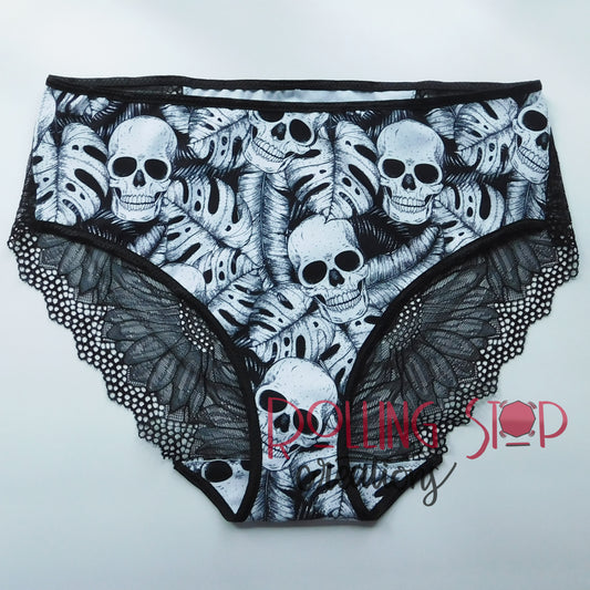 Monochrome Monstera Skulls Lace Accent Pantydrawls by Rolling Stop Creations sold by Rolling Stop Creations 
