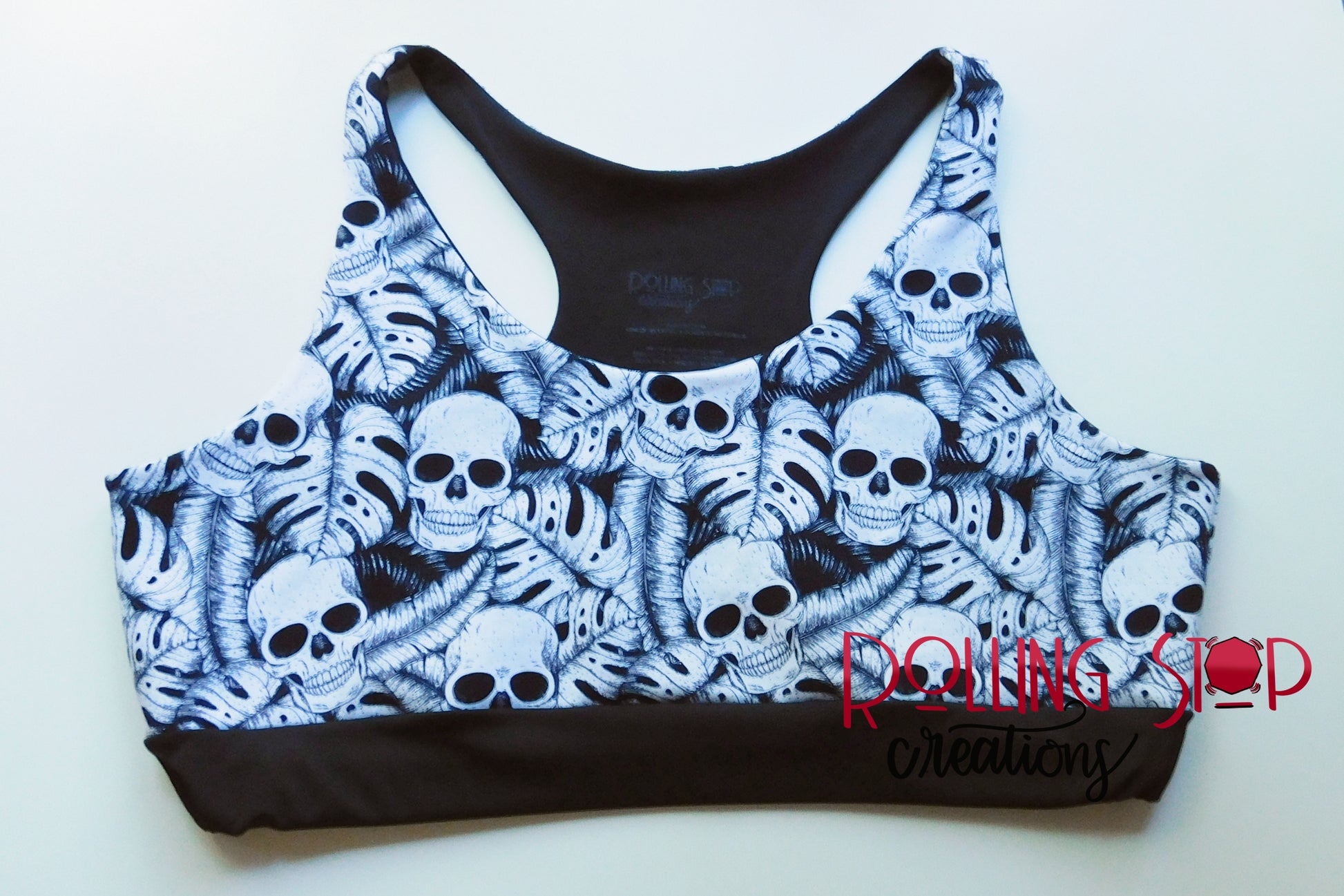 Monochrome Monstera Skulls Comfy Bra by Rolling Stop Creations sold by Rolling Stop Creations 