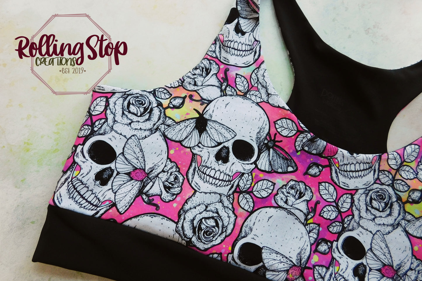 Pink Lemonade Skulls & Roses Comfy Bra by Rolling Stop Creations sold by Rolling Stop Creations Comfy Bra - Comfy Cloth