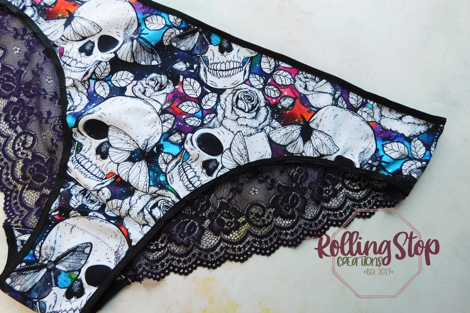 Bloody Mary Skulls & Moths Lace Accent Pantydrawls by Rolling Stop Creations sold by Rolling Stop Creations Jundies - L