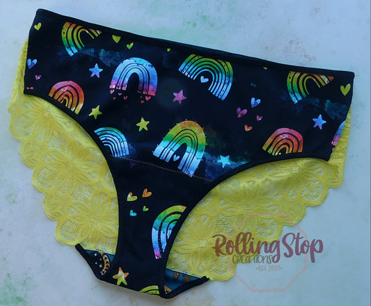 Watercolor Stamped Rainbows Lace Back Pantydrawls by Rolling Stop Creations sold by Rolling Stop Creations Lace - Linge
