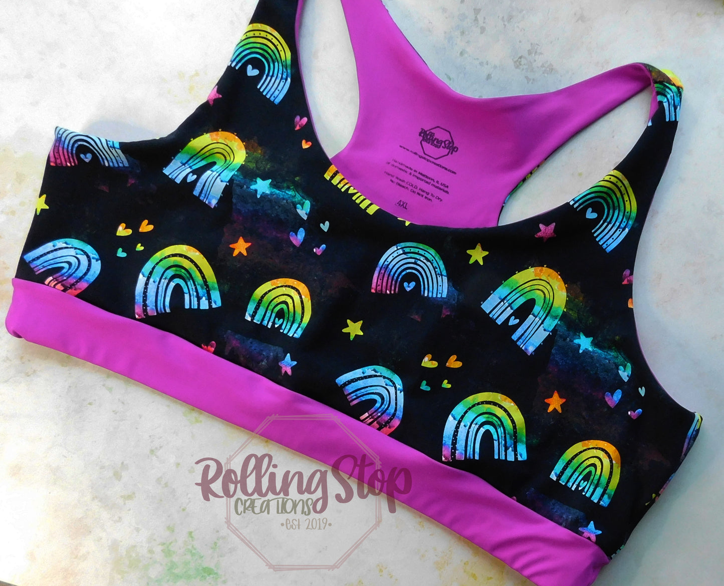 Watercolor Stamped Rainbows Comfy Bra by Rolling Stop Creations sold by Rolling Stop Creations 