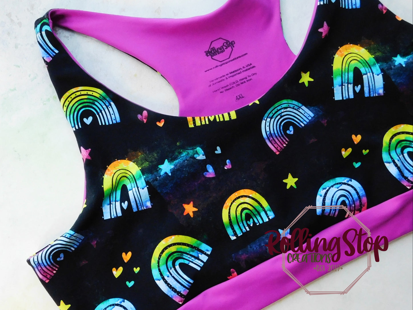 Watercolor Stamped Rainbows Comfy Bra by Rolling Stop Creations sold by Rolling Stop Creations 